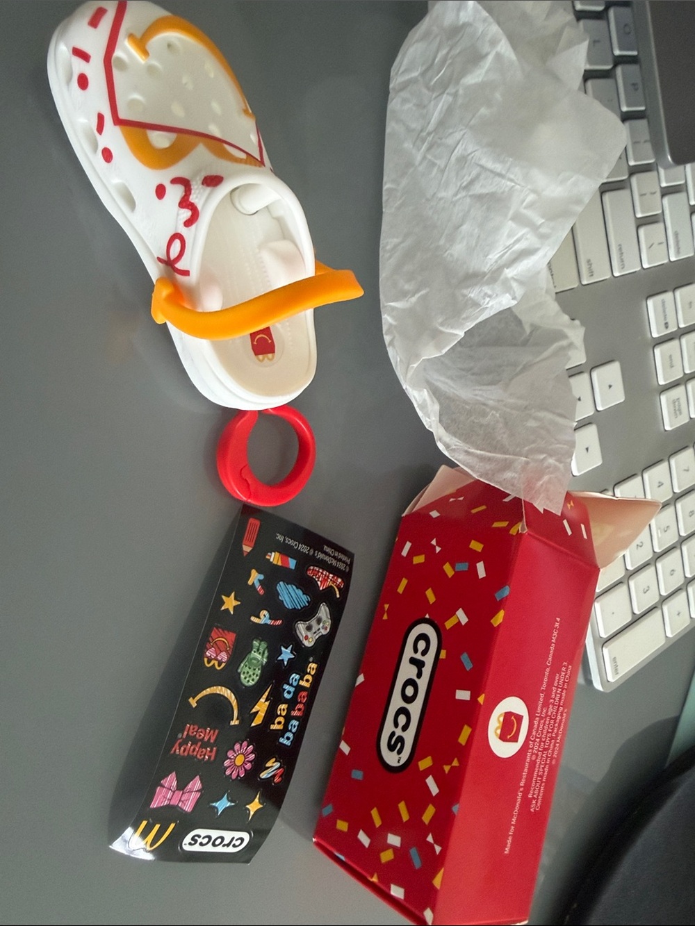 CROCS keychain White Clog with Orange Strap and stickers